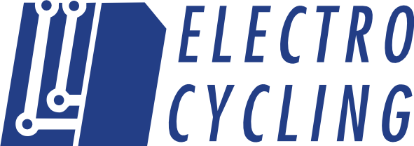 Logo von Electro Cycling in blauer Farbe. Links ist eine stilisierte Computerplatine mit Leiterbahnen und Kreisen dargestellt, die an elektronische Schaltkreise erinnert. Daneben steht der Schriftzug 'ELECTRO CYCLING' in Großbuchstaben und kursiver, moderner Schrift.