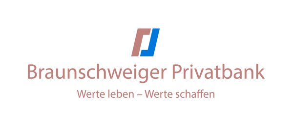 Das Logo der Braunschweiger Privatbank mit dem Slogan "Werte leben – Werte schaffen" und einem Symbol in Braun und Blau.