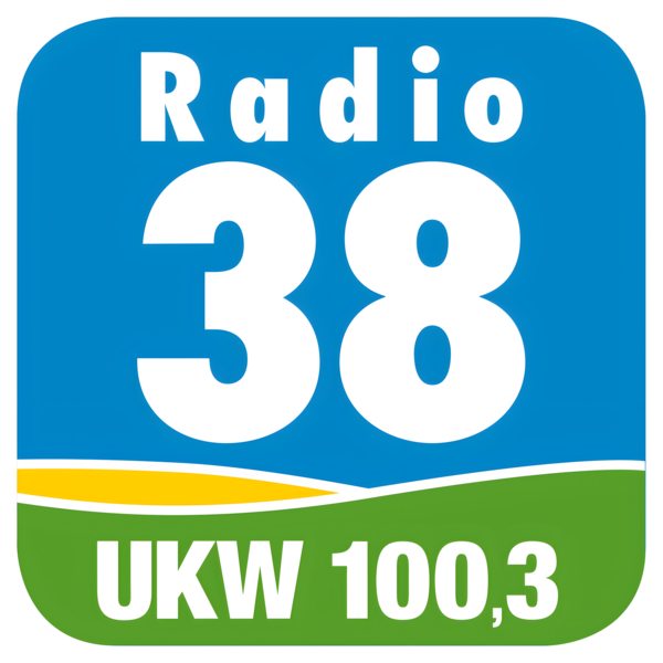 Logo von Radio 38 mit Frequenzangabe UKW 100,3 auf blauem und grünem Hintergrund.