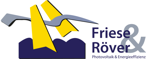 Logo von Friese & Röver mit zwei gelben Solarpaneelen, stilisierten grauen Möwen und Text 'Photovoltaik & Energieeffizienz'.