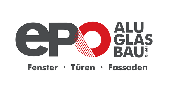 Logo der Firma Epo Alu Glas Bau GmbH mit grauen und roten Buchstaben auf schwarzem Hintergrund.