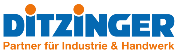 Logo von Ditzinger mit blauem Schriftzug und orangefarbenem Punkt über dem I, darunter der orangefarbene Text "Partner für Industrie & Handwerk".