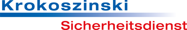 Logo mit dem Schriftzug "Krokoszinski" in blauer Schrift über einem blauen Balken und "Sicherheitsdienst" in roter Schrift darunter.