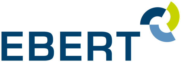 Das Bild zeigt ein Logo mit dem Schriftzug "EBERT" in dunkelblauer Schrift und einem dreiteiligen, kreisförmigen Symbol in Dunkelblau, Hellblau und Gelb rechts oben.