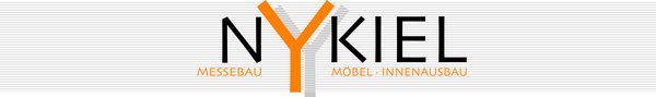 Das Bild zeigt das Logo von Nykiel mit orangefarbenem Y, Text "Messebau Möbel Innenausbau" darunter.