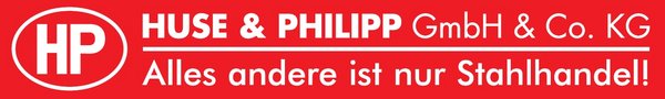 Rot-weißes Logo für HUSE & PHILIPP GmbH & Co. KG mit dem Slogan „Alles andere ist nur Stahlhandel!“ und den Initialen HP in einem Kreis.