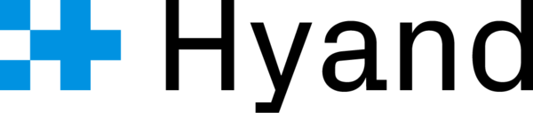 Logo von Hyand. Links befindet sich ein stilisiertes blaues Pluszeichen, das aus vier rechteckigen Blöcken besteht. Rechts daneben steht der Firmenname 'Hyand' in schwarzer, moderner Schrift.