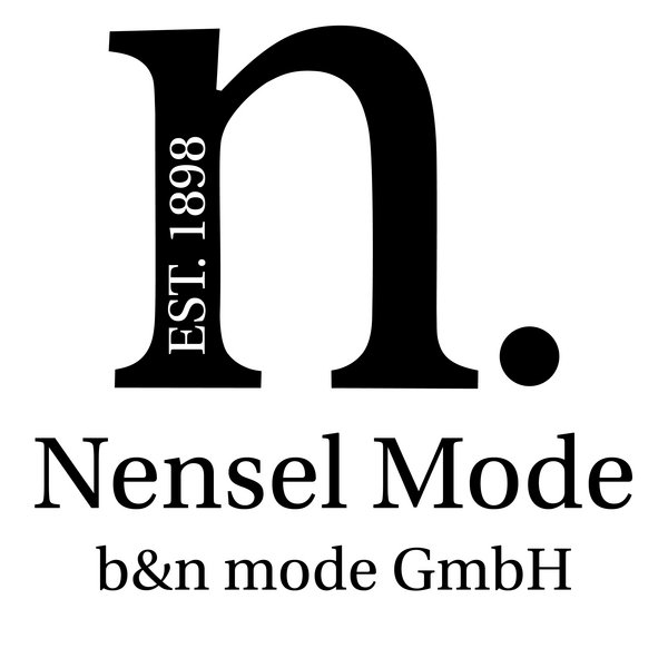 Das Bild zeigt ein schwarzes Logo mit dem großem Buchstaben "n." und vertikal "EST. 1898" im "n", darunter "Nensel Mode" und "b&n mode GmbH" in schwarzer Schrift.