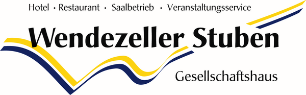Das Bild zeigt das Logo des Gesellschaftshaus "Wendezeller Stuben", in schwarzer Schrift auf weißem Grund. Es ziehen sich ein gelber und ein schwarzer Streifen geschwungen durch die Worte "Wendezeller Stuben". Darüber stehen die Begriffe "Hotel", "Restaurant", "Saalbetrieb", "Veranstaltungsservice".