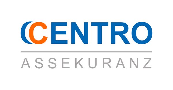 Logo von Centro Assekuranz mit blauem und orangefarbenem Schriftzug und grauer Linie auf schwarzem Hintergrund