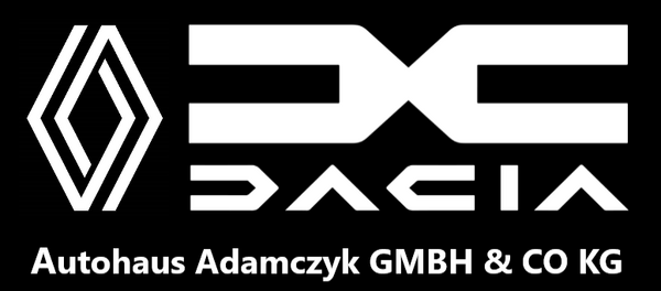 Logo des Autohauses Adamczyk GmbH & Co. KG. Links das Renault-Rautensymbol in Weiß. Rechts daneben das Dacia-Logo mit stilisiertem „DC“-Symbol und dem Schriftzug „DACIA“ in futuristischer, weißer Typografie. Darunter steht „Autohaus Adamczyk GMBH & CO KG“ in weißer Schrift auf schwarzem Hintergrund.