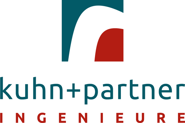 Logo von kuhn+partner Ingenieure mit stilisiertem blauen und roten grafischen Element.