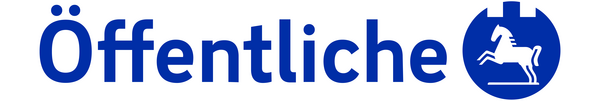 Das Logo besteht aus dem Schriftzug „Öffentliche“ in Blau, geschrieben in einer modernen und gut lesbaren Schrift. Neben dem Text befindet sich ein Symbol: Ein blauer Kreis, der ein weißes, stilisiertes Pferd in Bewegung zeigt. Der Pferdekopf und ein Teil des Körpers sind deutlich erkennbar, während der Kreis den Umriss bildet. Das Design ist in Blau und Weiß gehalten und vermittelt ein professionelles und klares Erscheinungsbild.