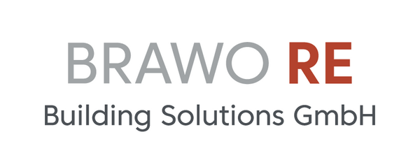 Logo von BRAWO RE Building Solutions GmbH mit "RE" in roter Farbe und restlichem Text in Grau.