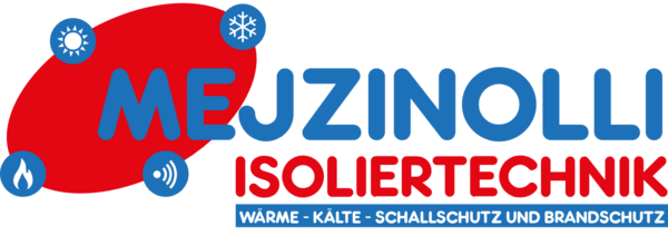 Logo der Firma „Mejzinolli Isoliertechnik“. Der Schriftzug besteht aus „MEJZINOLLI“ in blauer und „ISOLIERTECHNIK“ in roter Schrift. Darüber liegt ein rotes Oval mit vier Symbolen: Sonne (Wärme), Schneeflocke (Kälte), Flamme (Brandschutz) und Schallwellen (Schallschutz). Unter dem Namen steht in Blau: „Wärme – Kälte – Schallschutz und Brandschutz“.