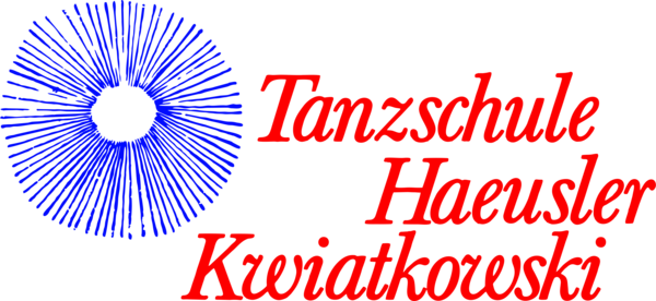 Logo der Tanzschule Haeusler Kwiatkowski mit rotem Schriftzug und blauem, strahlenförmigem Kreis links.