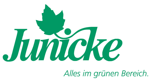 Das Bild zeigt das Logo der Firma Junicke mit grünem Schriftzug und Blatt.