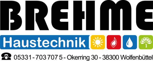 Logo von Brehme Haustechnik. Oben steht der Schriftzug 'BREHME' in großen, schwarzen Großbuchstaben. Darunter befindet sich ein blaues Rechteck mit abgerundeten Ecken, in dem das Wort 'Haustechnik' in weißer Schrift steht. Rechts daneben sind vier quadratische Symbole mit abgerundeten Ecken: ein gelbes Quadrat mit einer schwarzen Sonne, ein rotes Quadrat mit einer schwarzen Flamme, ein blaues Quadrat mit einem schwarzen Wassertropfen und ein grünes Quadrat mit einem schwarzen Baum. Darunter steht die Adresse: 'Okerring 30 - 38300 Wolfenbüttel'.