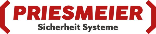 Logo von Priesmeier mit rotem Schriftzug und grauem Text "Sicherheit Systeme", eingerahmt von roten Klammern.
