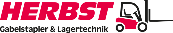 "Logo von HERBST Gabelstapler & Lagertechnik. Der Schriftzug 'HERBST' ist in großen, fetten, roten Großbuchstaben geschrieben. Darunter steht der Slogan 'Gabelstapler & Lagertechnik' in schwarzer Schrift. Rechts neben dem Text befindet sich eine stilisierte Grafik eines Gabelstaplers, dessen Unterbau rot ist und die restlichen Elemente schwarz sind.