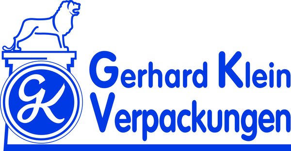 Dieses Bild zeigt das Logo der Gerhard Klein Verpackungen GmbH. Es ist in blauer Schrift vor weißem Hintergrund gehalten und zeigt einen Löwen, der über dem Schriftzug GK thront.