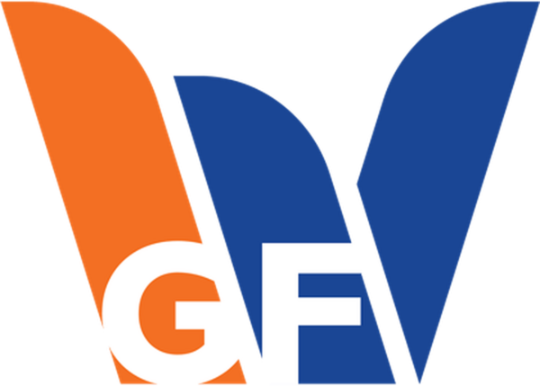 Logo der WVG mit den Buchstaben "GF" vor zwei Flügeln in Orange und Blau.