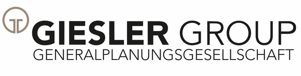 Logo der Giesler Group. Links ein beiger Kreis mit stilisiertem Doppel-T-Symbol in der Mitte. Rechts daneben der Schriftzug „GIESLER GROUP“ in schwarzer Großschrift. Darunter in kleinerer Schrift: „GENERALPLANUNGSGESELLSCHAFT“.