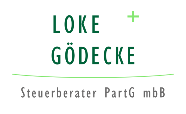 Logo von Loke Gödecke Steuerberater PartG mbB mit grünem Pluszeichen und Schriftzug in Grün und Grau
