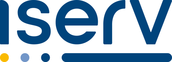 Das Bild zeigt das Logo der IServ GmbH. Das Wort "IServ" ist in dunkelblauen Buchstaben gehalten, darunter sind von link ein gelber, ein hellblauer sowie ein dunkelblaue Punkt, sowie eine blaue Linie horizontal gesetzt.