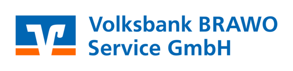 Logo der Volksbank BRAWO Service GmbH mit blauem Hintergrund, weißem stilisiertem 'V' und orangenem Streifen.