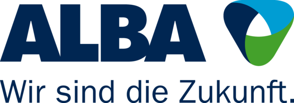 ALBA-Logo mit einem blauen und grünen abstrakten Symbol und dem deutschen Text „Wir sind die Zukunft“.