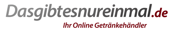 Das Bild zeigt das Logo von Dasgibtesnureinmal.de. Es ist in grau, weiß gehalten. Unterhalb der Internetseite findet sich in roter Schrift "Ihr Online Getränkehersteller".
