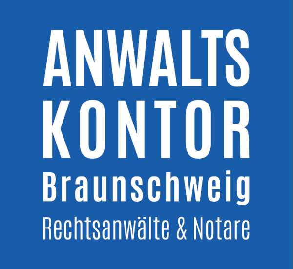 Das Bild zeigt das Logo der Antwaltskontor Braunschweig. Das Logo ist quadratisch, schlicht mit weißer Schrift auf blauem Grund. Dabei stehen die einzelnen Worte in einer eigenen Zeile, beginnend mit dem Wort "ANTWALTS" welches wie das nachfolgende Wort in großer Schriftgröße und fettgedruckter Schrift abgebildet ist. Darunter befindet sich das Wort "KONTOR". Wiederrum darunter befindet sich, in etwas kleinerer Schriftgröße das Wort "Braunschweig". In der Zeile darunter, wieder in einer etwas kleineren Schriftgröße und nicht mehr fettgedruckter Schrift steht "Rechtsanwälte & Notare".