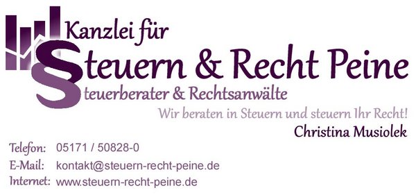 Logo und Kontaktinformationen der Kanzlei für Steuern & Recht Peine mit Steuerberaterin Christina Musiolek, Telefon 05171 50828-0, E-Mail kontakt@steuern-recht-peine.de, Website www.steuern-recht-peine.de.