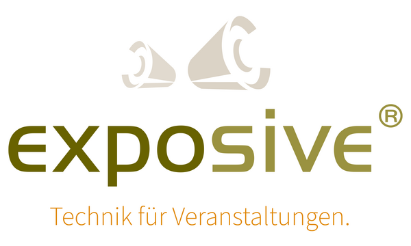Logo der Firma exposive mit zwei stilisierten Lautsprechern und dem Slogan 'Technik für Veranstaltungen'.