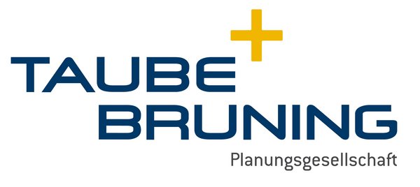 Das Bild zeigt das Logo der Planungsgesellschaft Taube + Bruning. Das Wort Taube ist eine Zeile über dem Wort Bruning, welches zudem leicht rechts versetzt, unter dem "U" von Taube, beginnt. Nach dem "E" von Taube befindet sich ein gelbes Plus, welches höher gesetzt ist. Unter dem Wort "Bruning" steht in kleinerer Schriftgröße und in grau gehalten das Wort "Planungsgesellschaft"