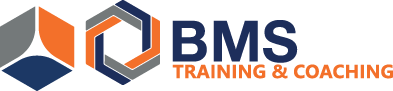 Logo von BMS Training & Coaching mit blauem und orangefarbenem Würfel- und Hexagon-Symbol.