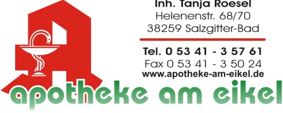 Logo der Apotheke am Eikel mit rotem Apothekensymbol, weißer Schale mit Schlange, Adresse Helenenstr. 8/70, 38259 Salzgitter-Bad, Telefonnummer und Faxnummer, Website www.apotheke-am-eikel.de
