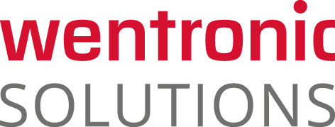 Logo von Wentronic Solutions mit rotem Schriftzug "wentronic" und grauem Schriftzug "SOLUTIONS" darunter.