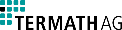 Logo der Firma Termath mit blauen Quadraten links und dem Schriftzug "Termath" rechts.