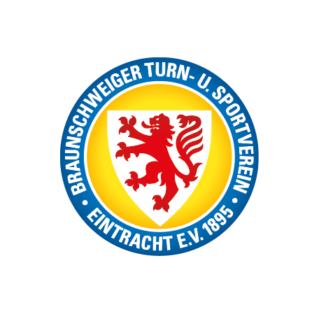 Das Bild zeigt das Logo des Braunschweiger Turn- und Sportvereins Eintracht e.V. 1895 mit rotem Löwen im weißen Schild auf gelbem Hintergrund und blauem Ring mit Vereinsnamen.