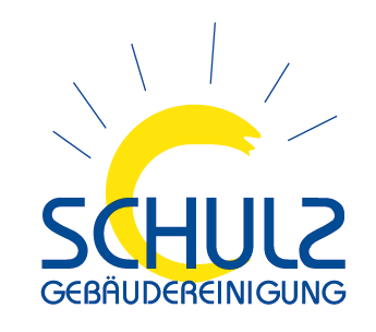 Das Bild zeigt das Logo der Gebäudereinigung Schulz mit gelbem Halbkreis und blauer Schrift "SCHULZ GEBÄUDEREINIGUNG".