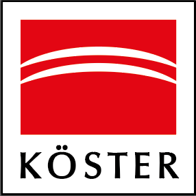 Das Bild zeigt das Logo der Firma Köster mit zwei geschwungenen weißen Linien auf rotem Hintergrund über dem Schriftzug "KÖSTER".