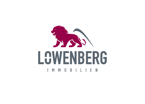 Logo von Löwenberg Immobilien mit stilisiertem roten Löwen und grauem Schriftzug.